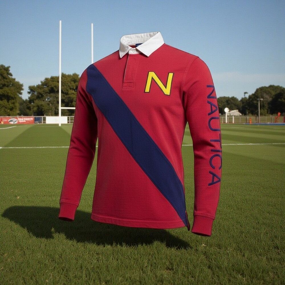 Red Nautica Long Sleeve Rugby Shirt Blue Stripe Men’s Medium